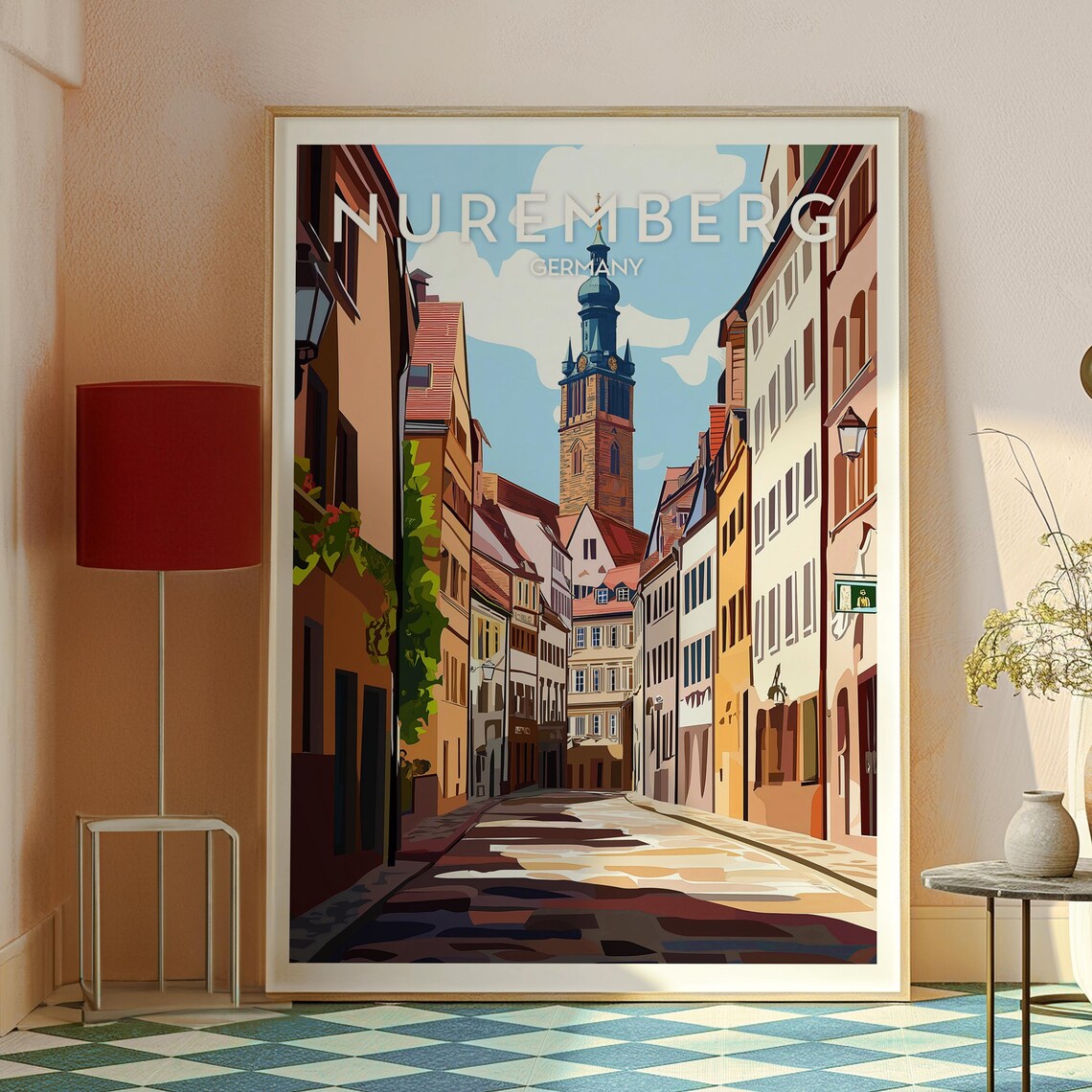 Nuremberg Germany Historic Old Town Street Church Tower Travel Poster - Image 2