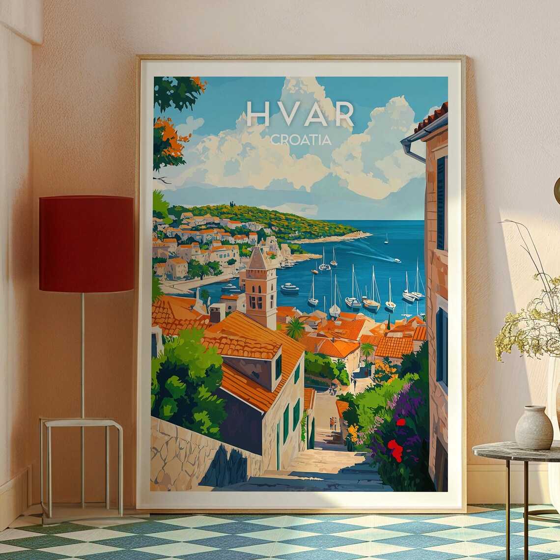 Hvar Croatia Harbor Sailboats Old Town Illustration Art Poster - Image 2