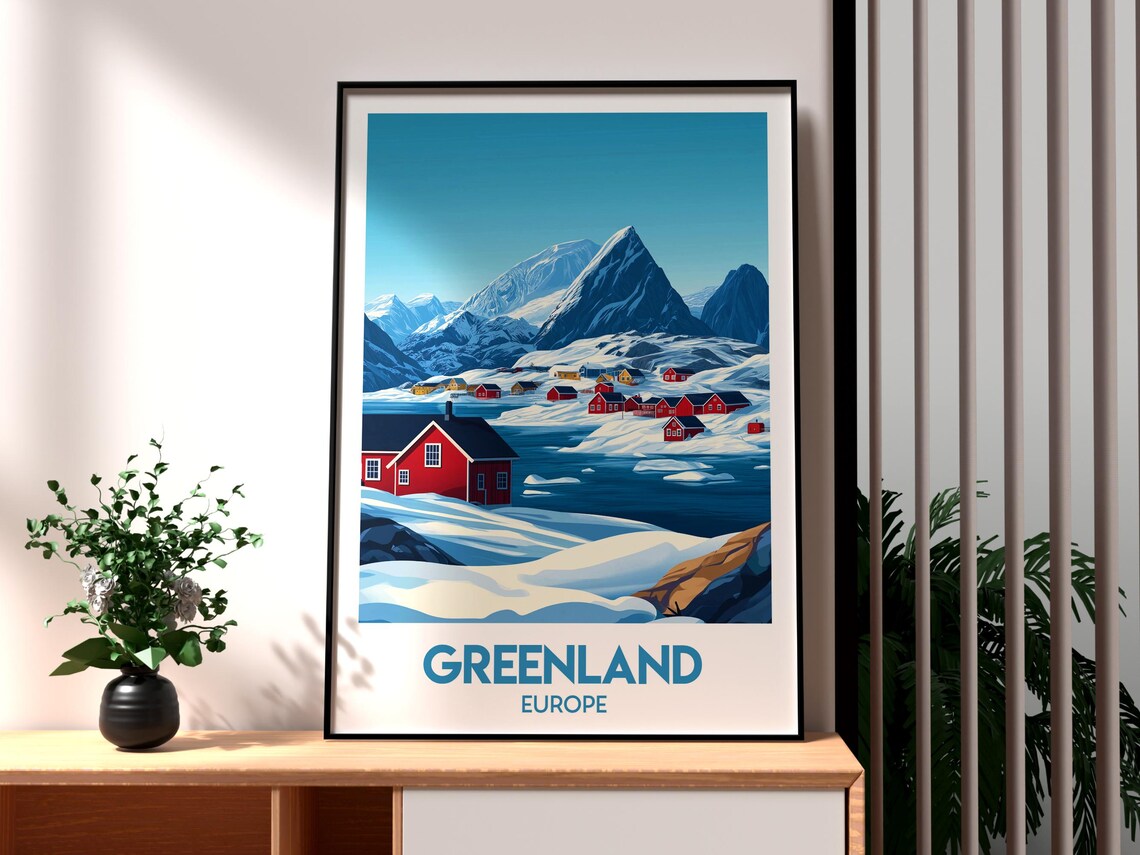 Greenland Europe Snowy Fjord Red Houses Arctic Village Vintage Poster