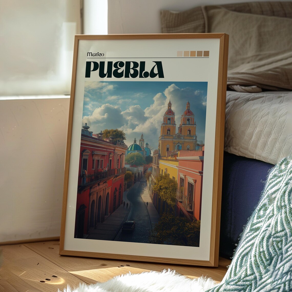 Puebla Mexico Vibrant Colonial Cathedral Street Retro Travel Poster - Image 3