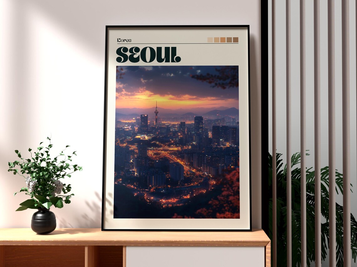 Seoul Korea Night Skyline N Seoul Tower Sunset Vintage Travel Poster