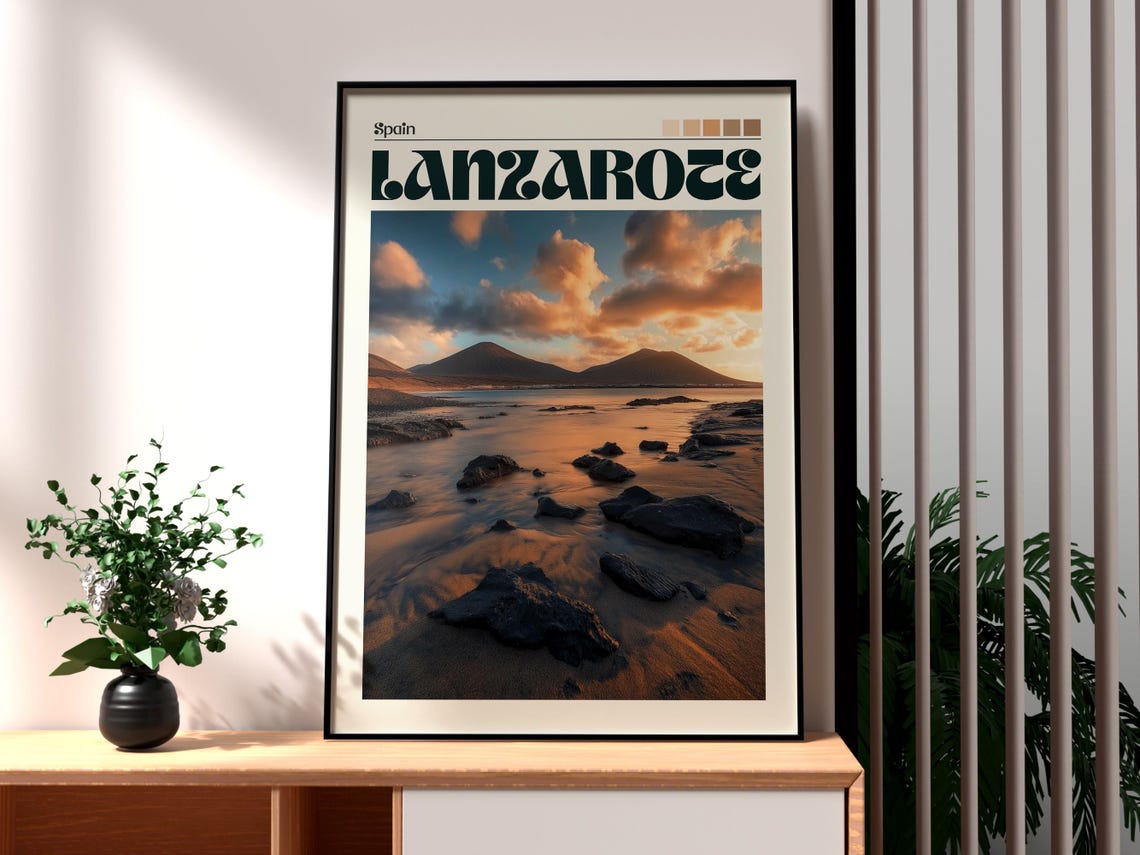 Lanzarote Spain Volcanic Black Sand Beach Sunset Ocean Poster