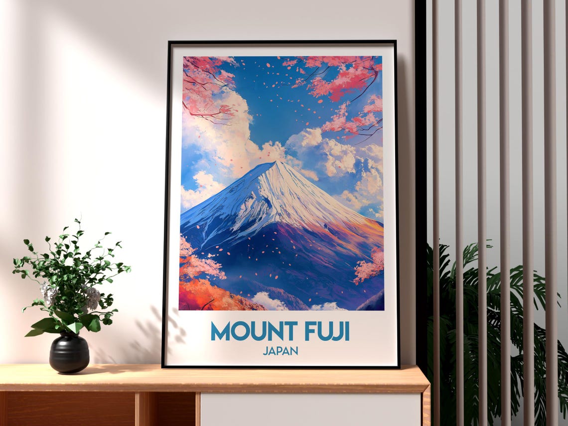 Mount Fuji Japan Snow Capped Peak Cherry Blossoms Travel Poster