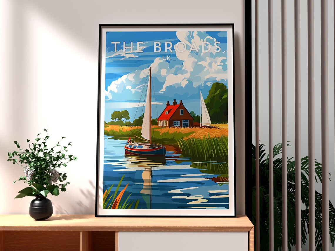 The Broads UK Sailing Boat Calm Waterways Cottage Retro Travel Poster