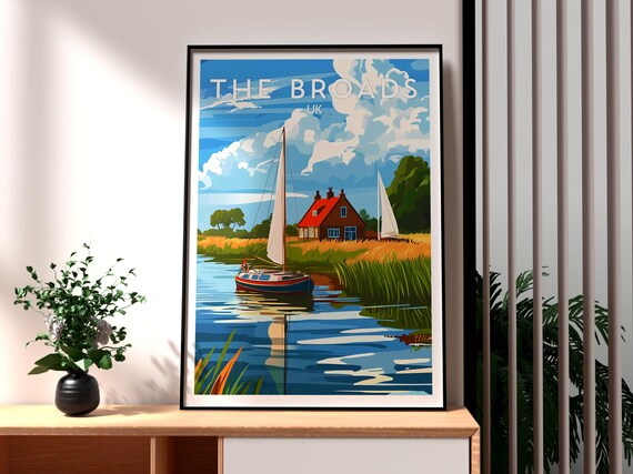 The Broads UK Sailing Boat Calm Waterways Cottage Retro Travel Poster