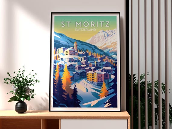 St Moritz Poster Swiss Alps Print Saint Wall Art Switzerland Skiing