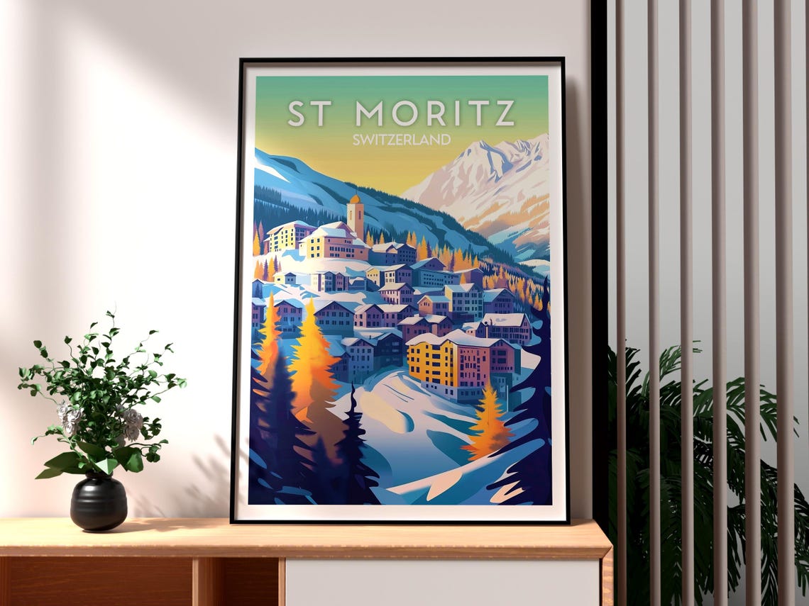 St Moritz Switzerland Alpine Village Snow Glow Vintage Poster