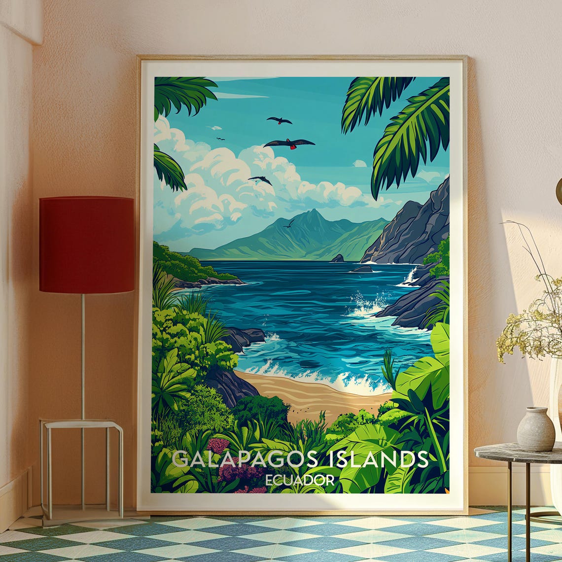 Galapagos Islands Ecuador Tropical Cove Beach Wildlife Vintage Poster - Image 2