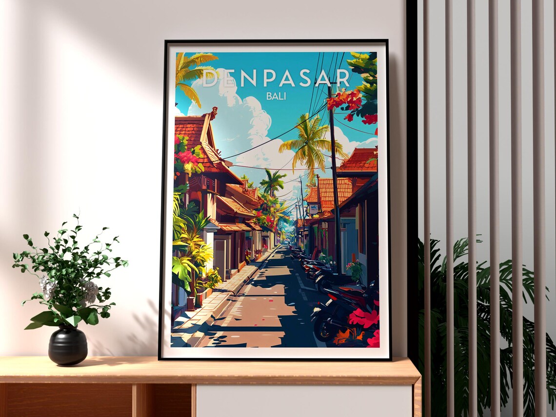 Denpasar Bali Indonesia Temple Street Palms Retro Travel Poster
