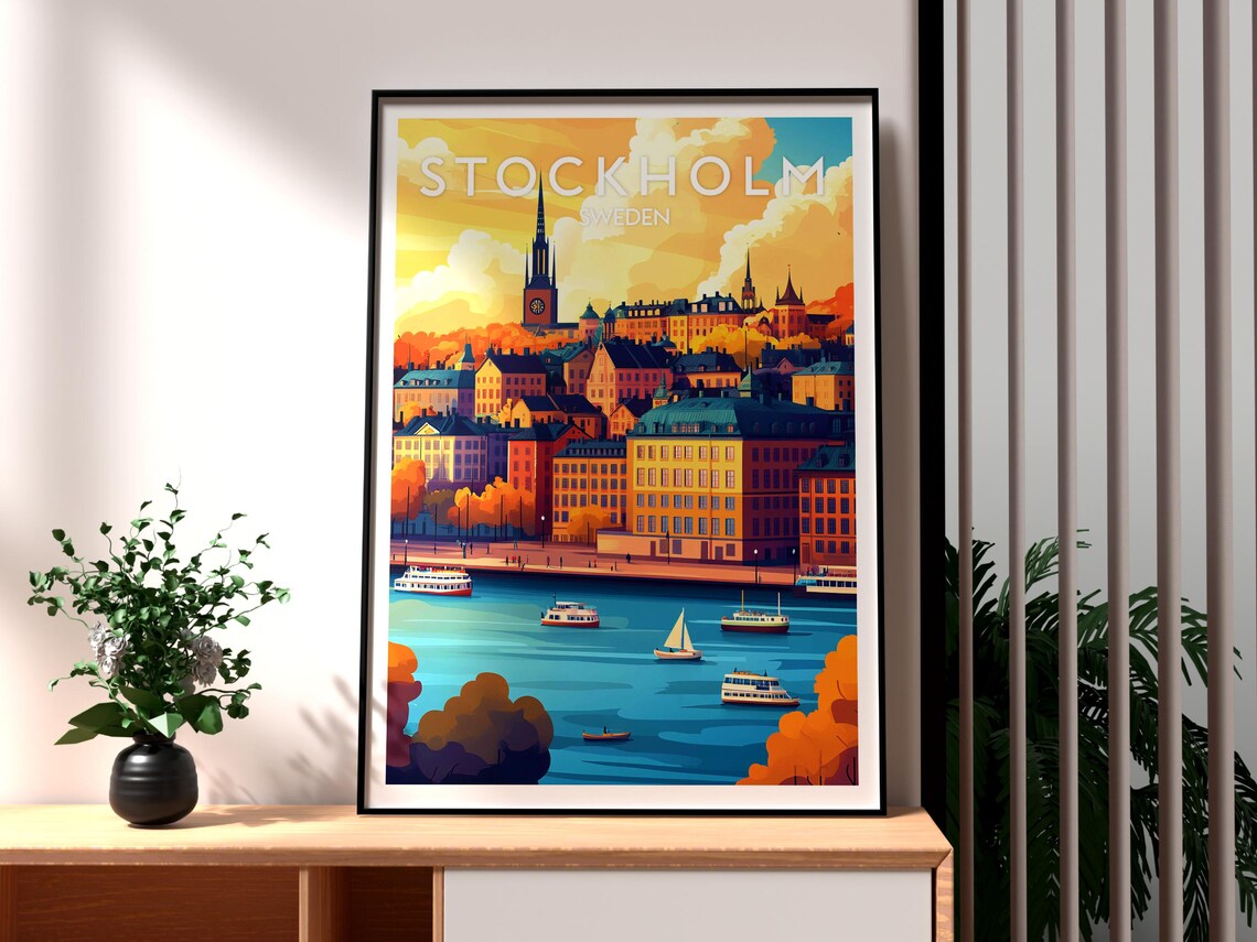 Stockholm Sweden Golden Autumn Old Town Waterfront Boats Poster