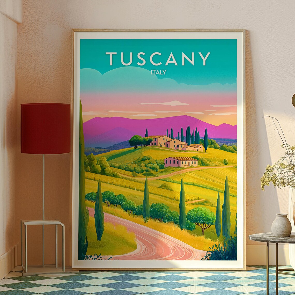 Tuscany Italy Rolling Hills Cypress Villa Sunset Travel Poster - Image 2