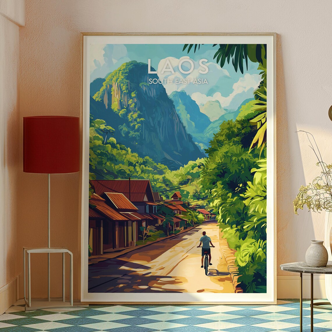 Laos South East Asia Cyclist Road Karst Mountains Travel Poster - Image 3