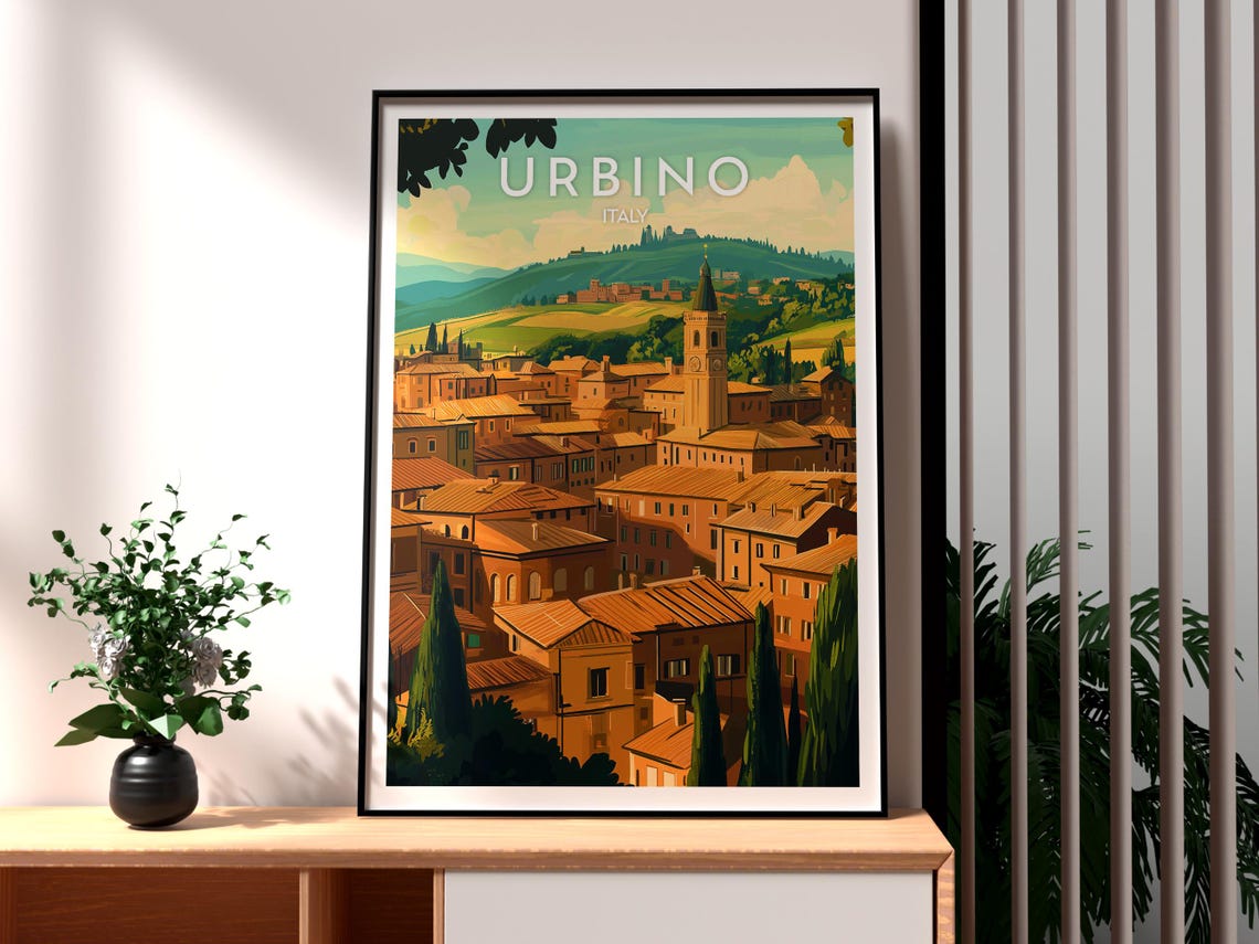Urbino Italy Historic Hill Town Clock Tower View Travel Poster