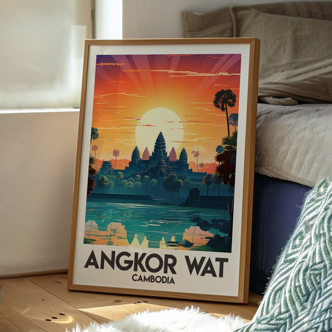 Angkor Wat Cambodia Ancient Temple Sunset Over Water Travel Poster - Image 3