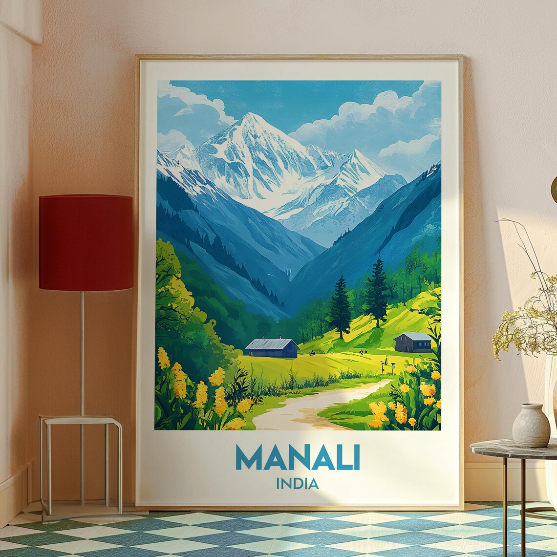 Manali India Himalayan Valley Cabin Meadows Snow Peak Travel Poster - Image 2