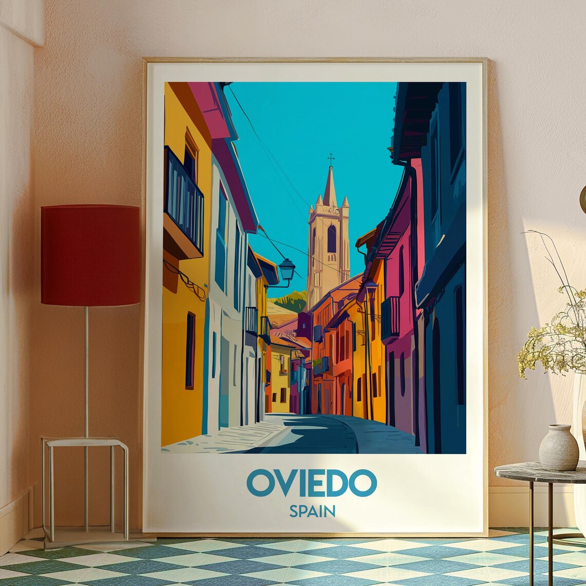 Oviedo Spain Historic Street Gothic Tower Bright Facades Travel Poster - Image 2
