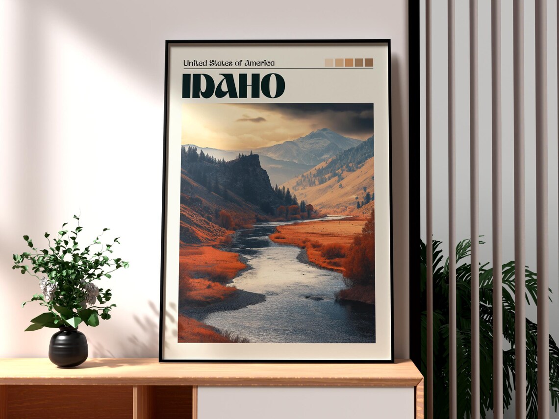 Idaho United States Autumn River Hills Mountain Travel Poster