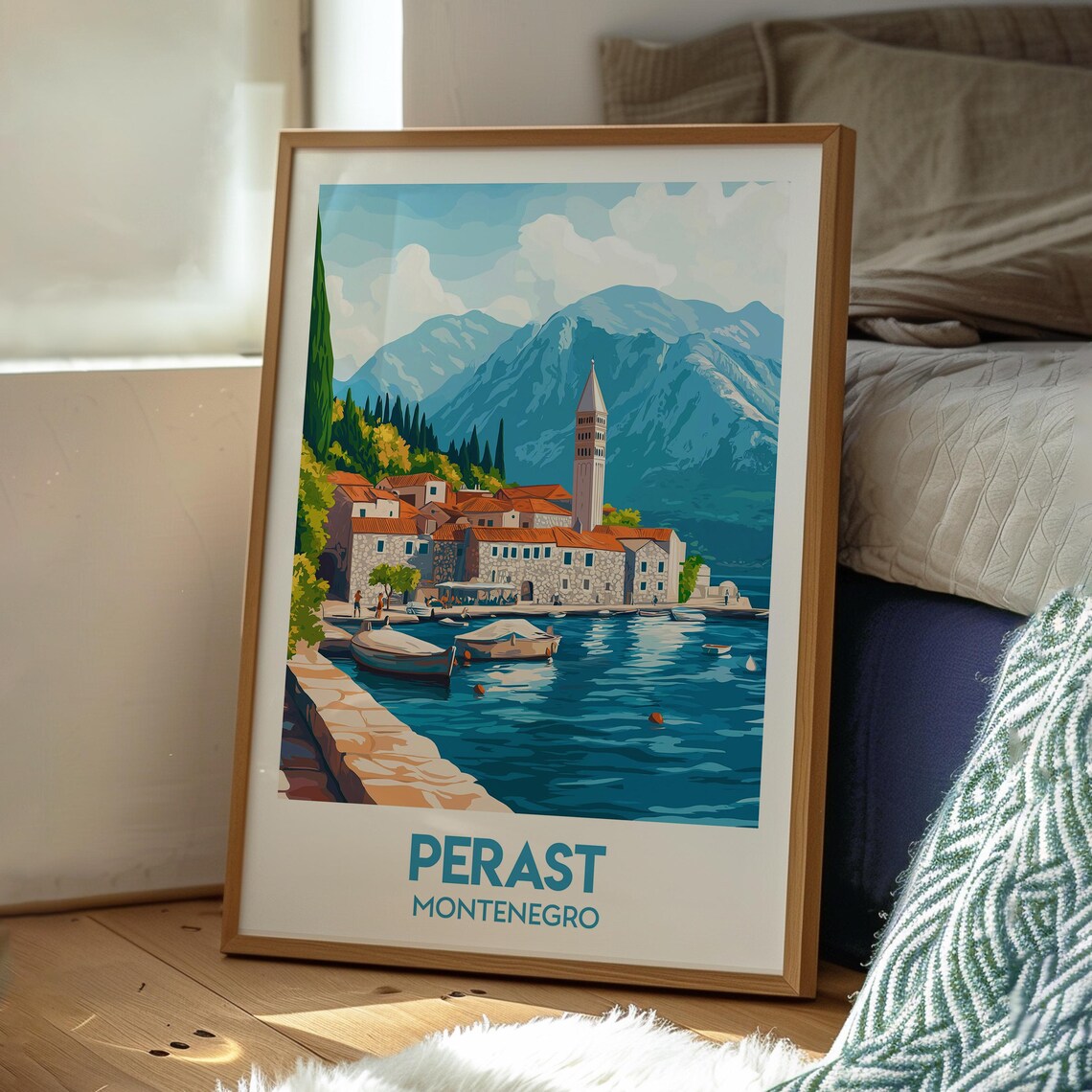 Perast Montenegro Bay of Kotor Boats Church Tower Travel Poster - Image 3
