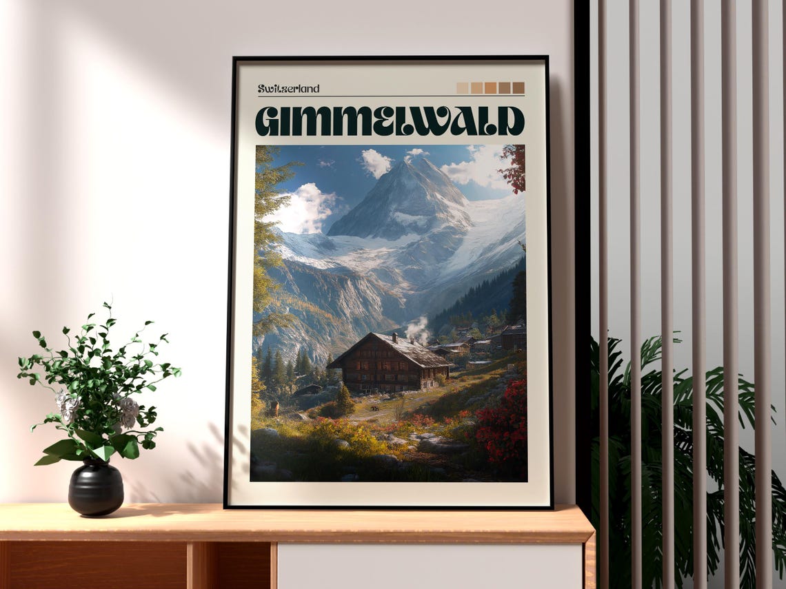 Gimmelwald Switzerland Alpine Chalet Snow Peak Valley Poster