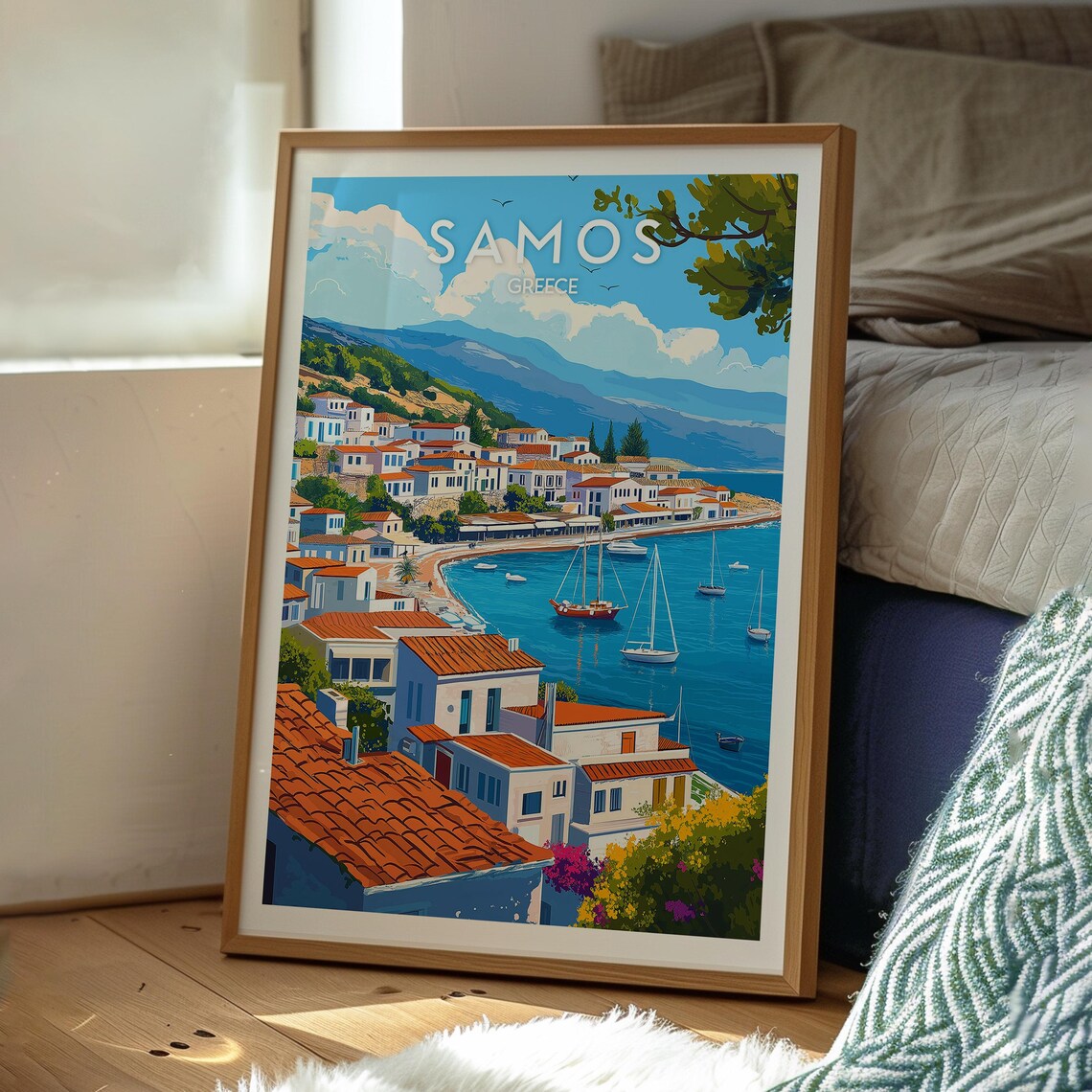 Samos Greece Island Harbor White Houses and Sailboats Poster - Image 3