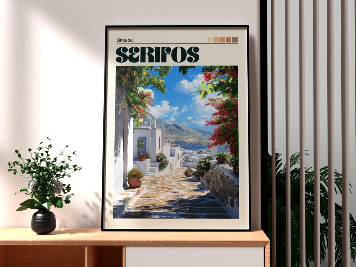 Serifos Greece Whitewashed Lane Bougainvillea Vintage Travel Poster