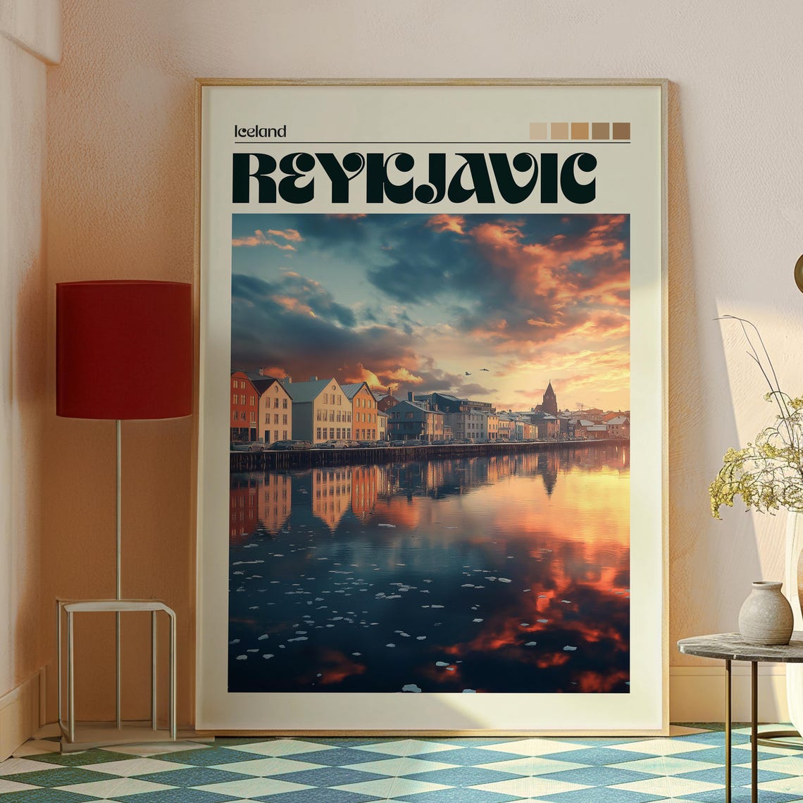 Reykjavik Iceland Harbor Sunset Waterfront Reflection Travel Poster - Image 2