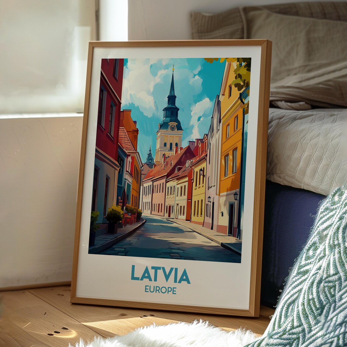 Riga Old Town Street Latvia Colorful Church Spire Travel Poster - Image 3