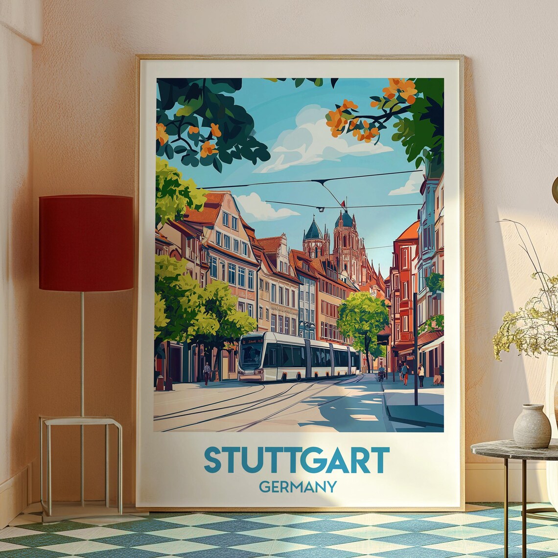 Stuttgart Germany Old Town Tram Retro Vintage Street Travel Poster - Image 2