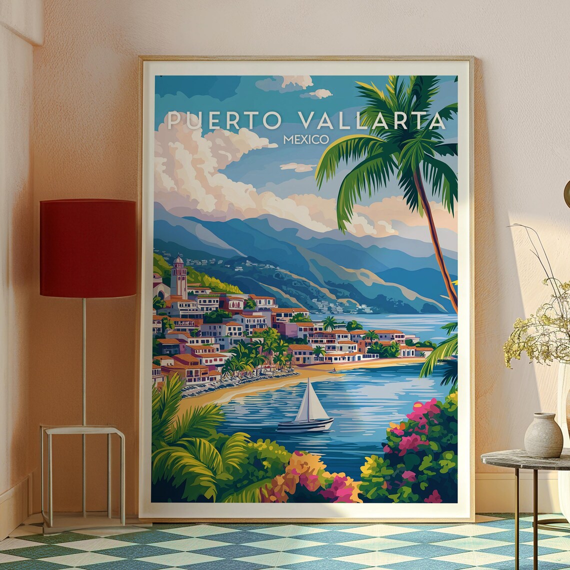 Puerto Vallarta Mexico Tropical Bay Palms Beach Scene Art Poster - Image 2