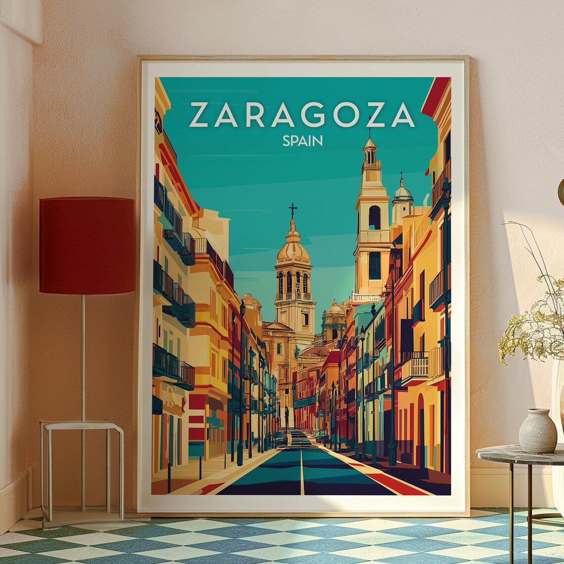 Zaragoza Spain Basilica Street Colorful Buildings Travel Poster - Image 2
