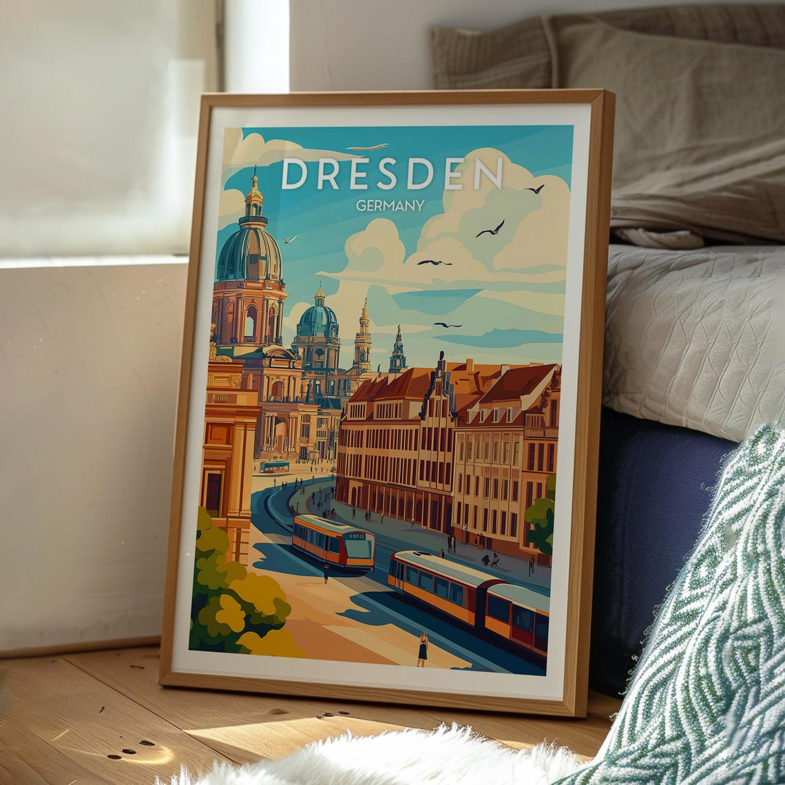 Dresden Germany Retro Travel Poster Old Town Tram Cathedral Art - Image 3