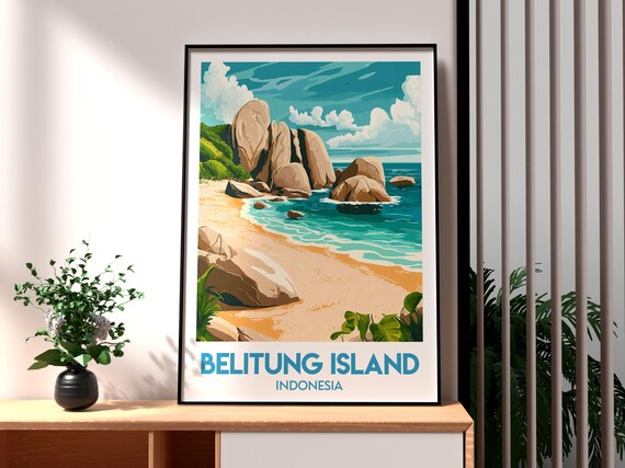 Belitung Island Indonesia Boulder Beach Tropical Travel Poster