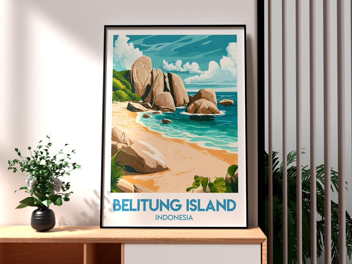 Belitung Island Indonesia Boulder Beach Tropical Travel Poster