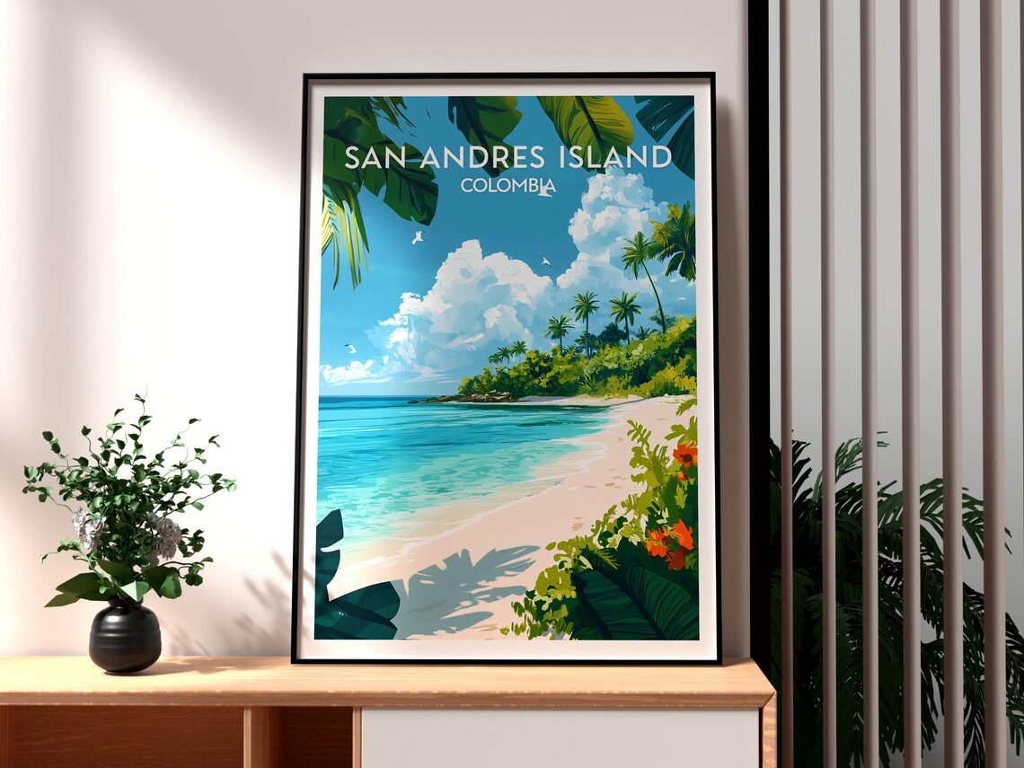 San Andres Island Colombia White Sand Beach Illustrated Travel Poster