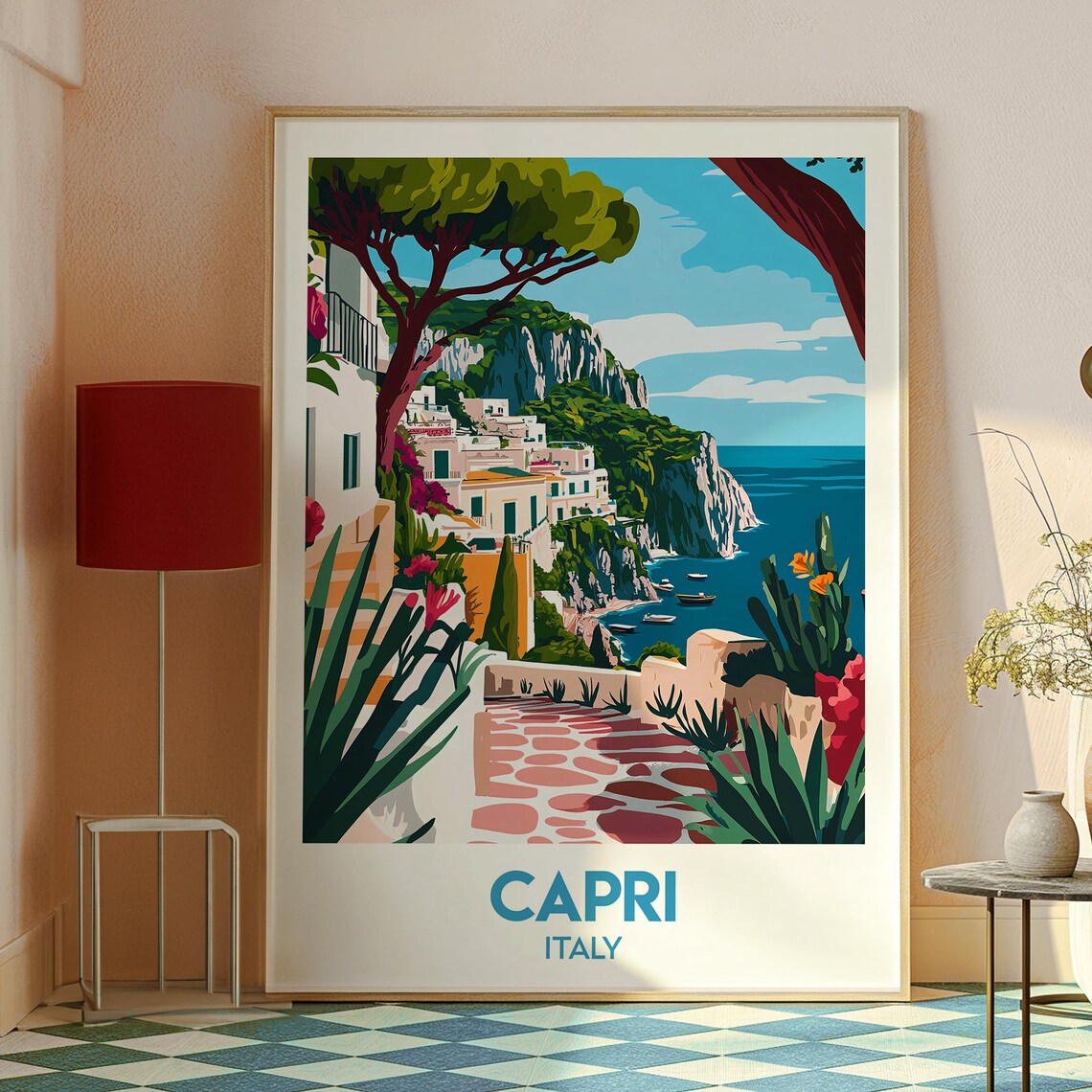 Capri Italy Cliffside Village Sea Boats Umbrella Pines Travel Poster - Image 2