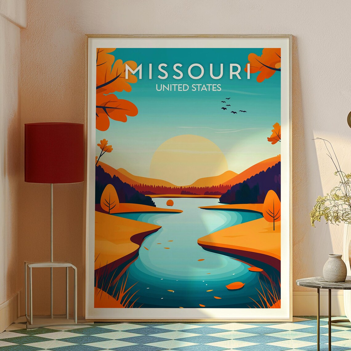 Missouri Autumn River Sunset Over Orange Foliage Travel Poster - Image 2