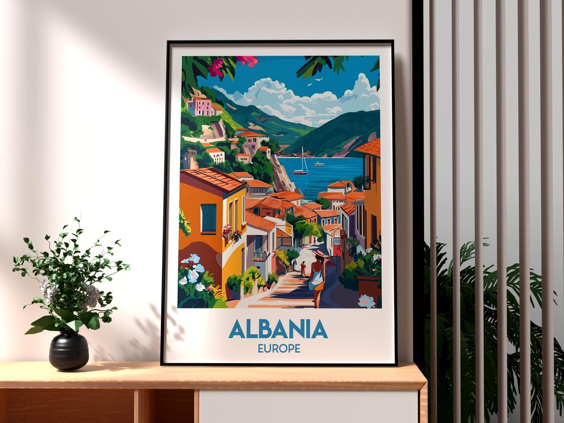 Albania Europe Coastal Village Street Sailboat Harbor Travel Poster