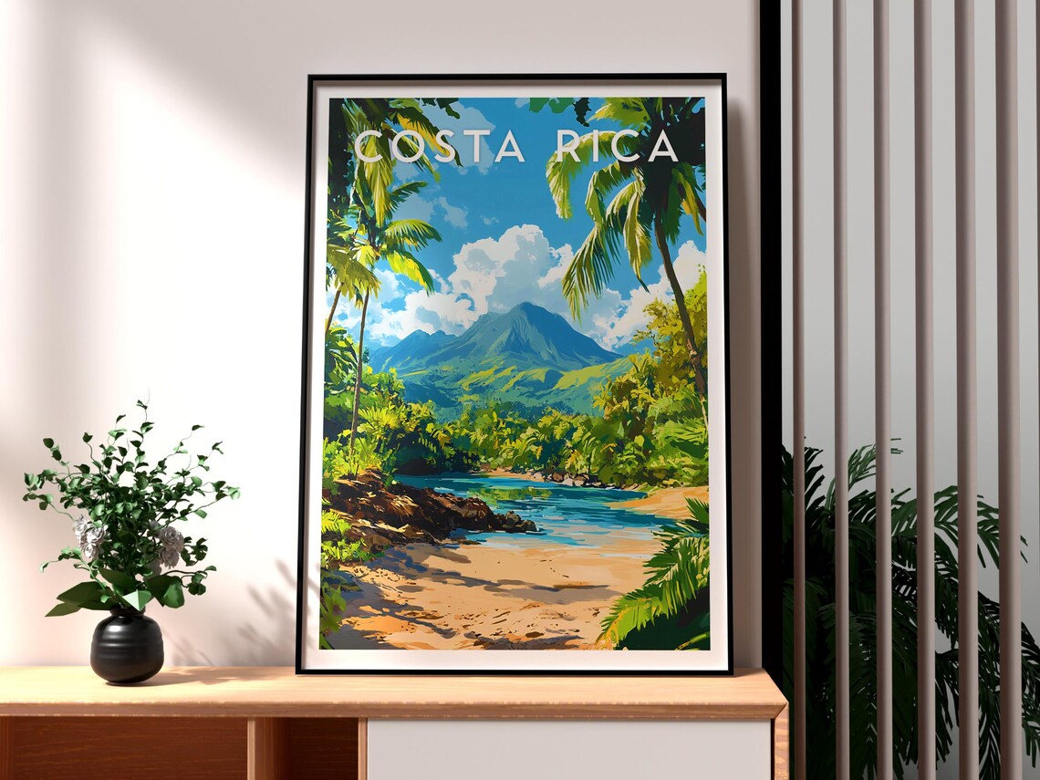Costa Rica Volcano Beach Tropical Paradise Vintage Travel Poster