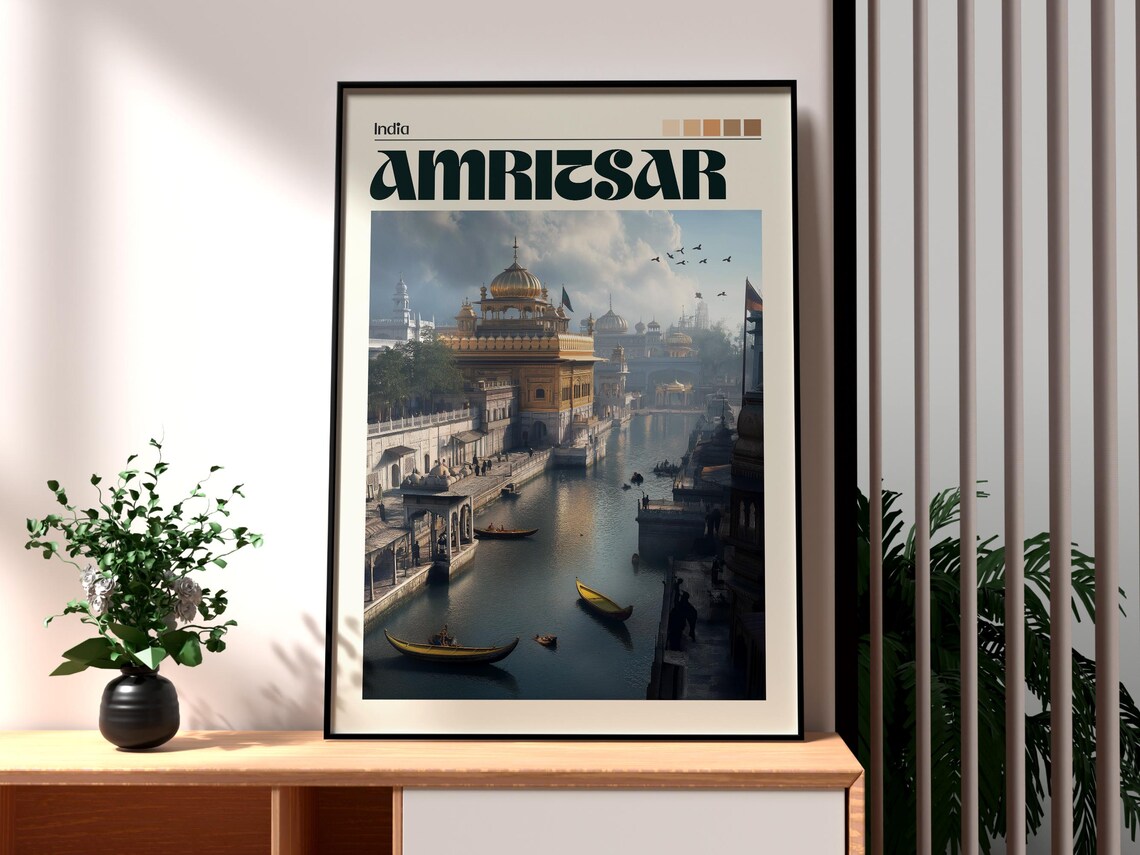 Amritsar India Golden Temple Sacred Lake Vintage Travel Poster