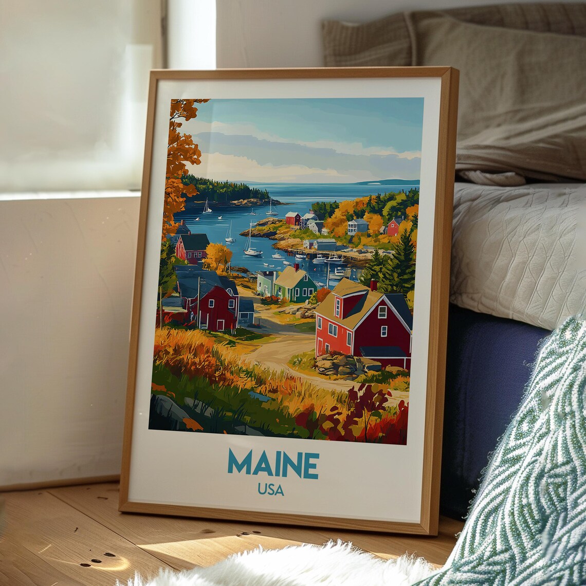 Maine USA Autumn Coastal Village Sailboats Harbor Travel Poster - Image 3