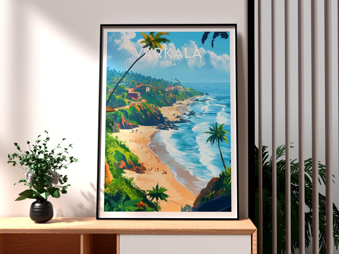 Varkala India Cliffside Sandy Beach Palm Coast Travel Poster