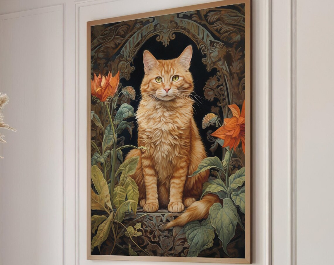 William Morris-Inspired Orange Cat Autumn Art Print