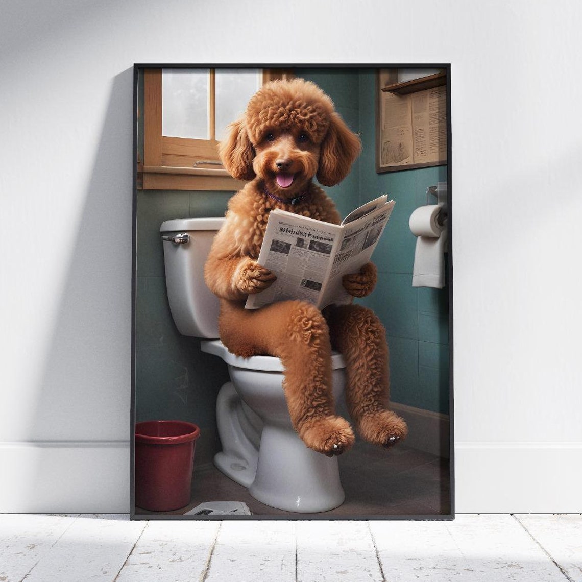 Funny Poodle Sitting On Toilet Reading Newspaper Bathroom Humor Poster