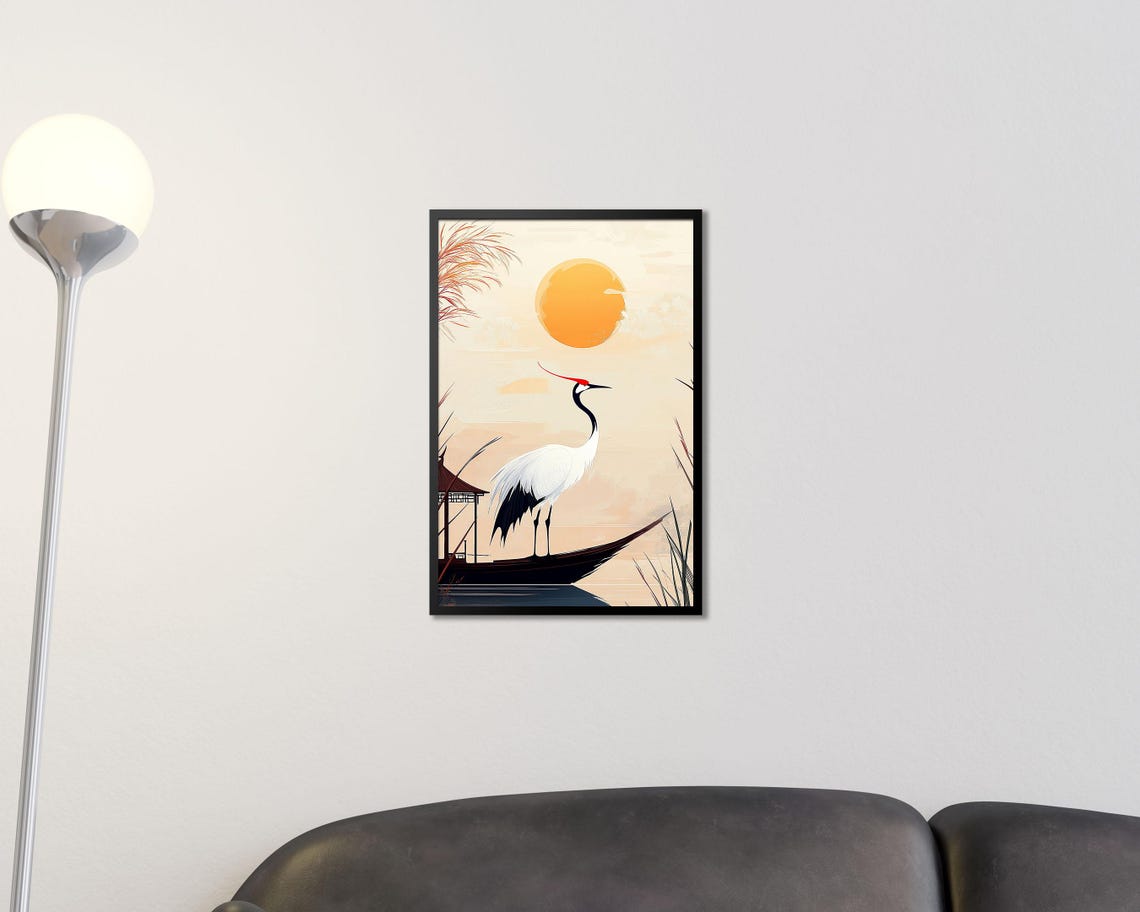 Red Crowned Crane on Boat Sunset Japanese Minimalist Nature Art Poster - Image 2