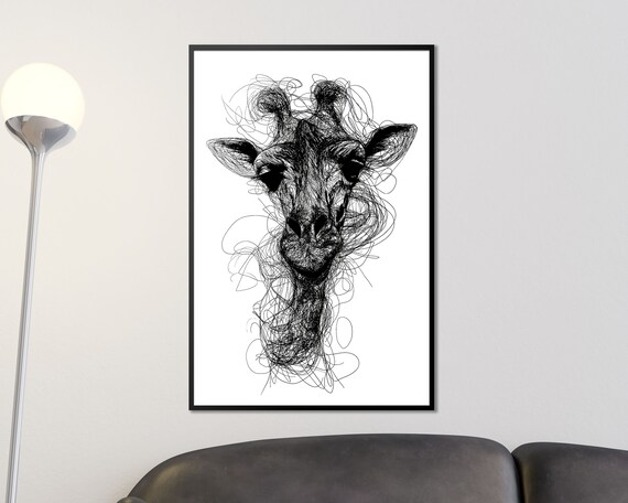 Giraffe Head Scribble Art Black And White Line Drawing Wall Print
