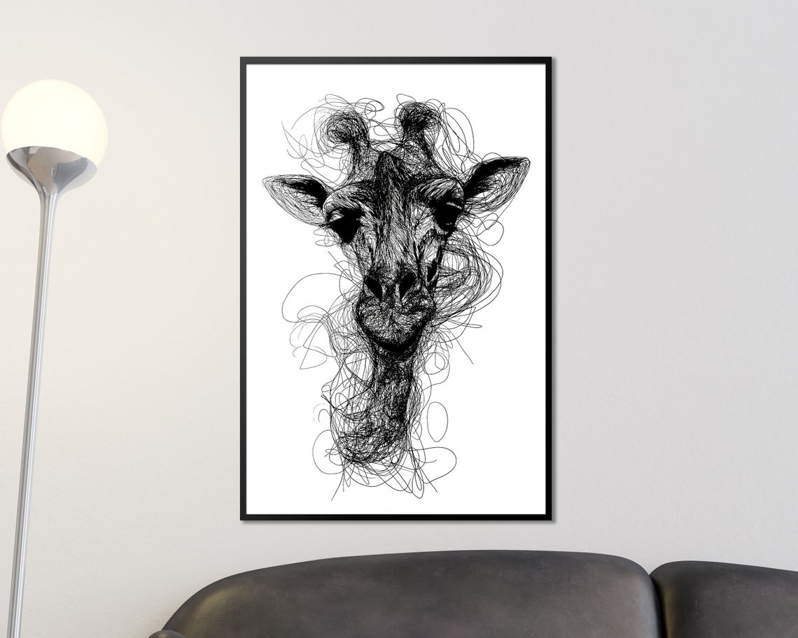 Giraffe Head Scribble Art Black And White Line Drawing Wall Print