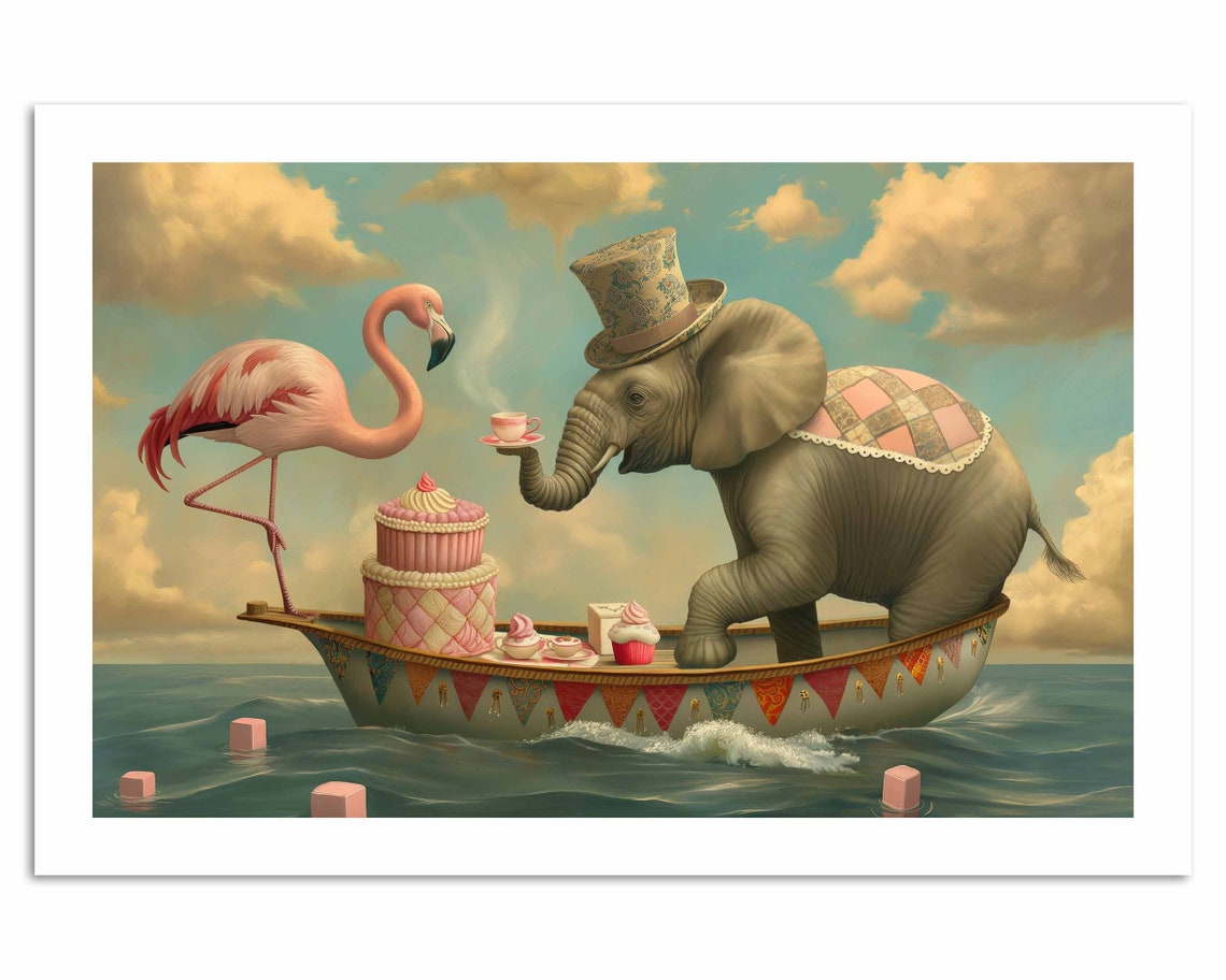 Elephant Flamingo Surreal Tea Party Boat Ocean Whimsy Art Poster - Image 4