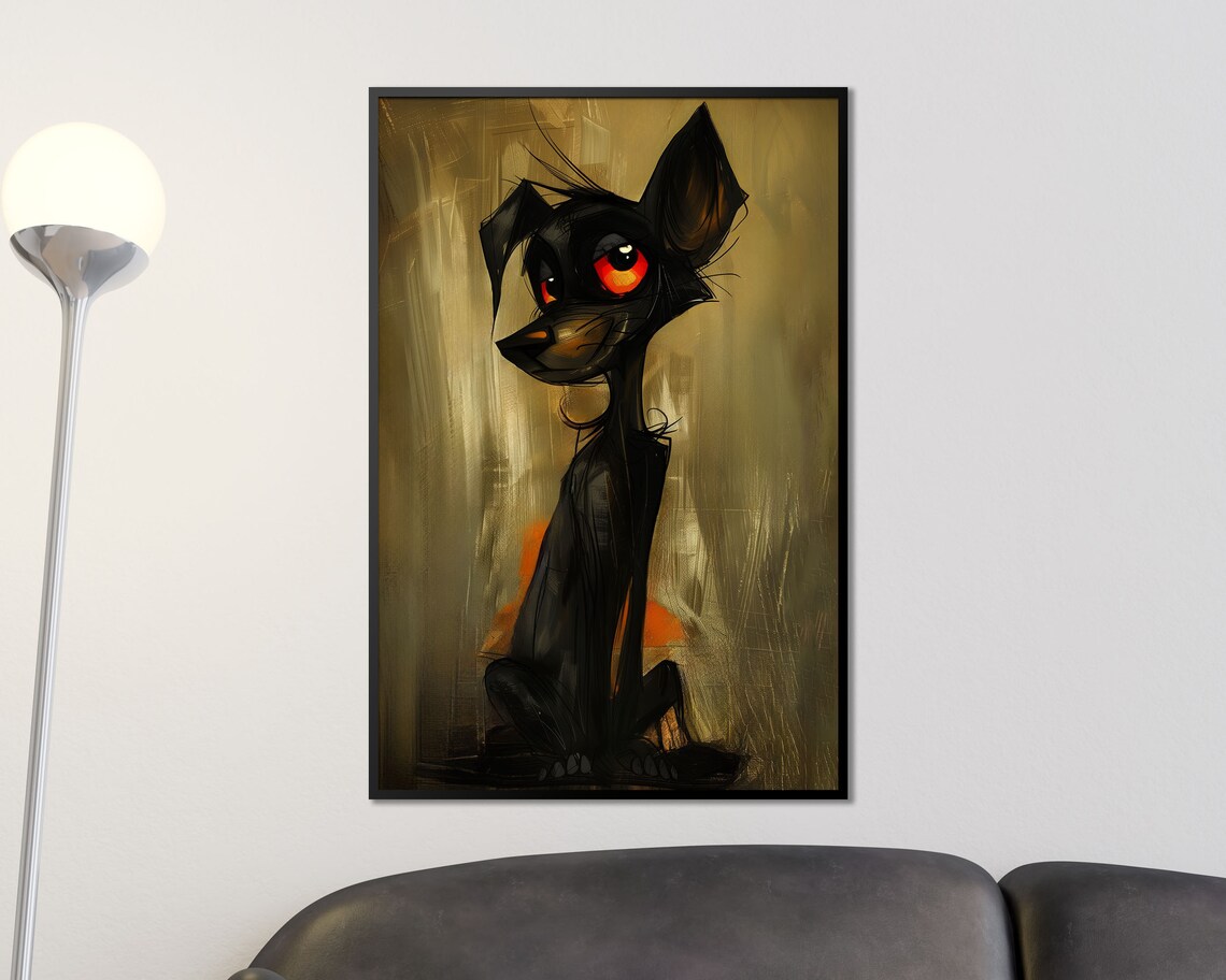 Whimsical Black Dog Glowing Orange Eyes Grunge Quirky Pet Art Poster - Image 3