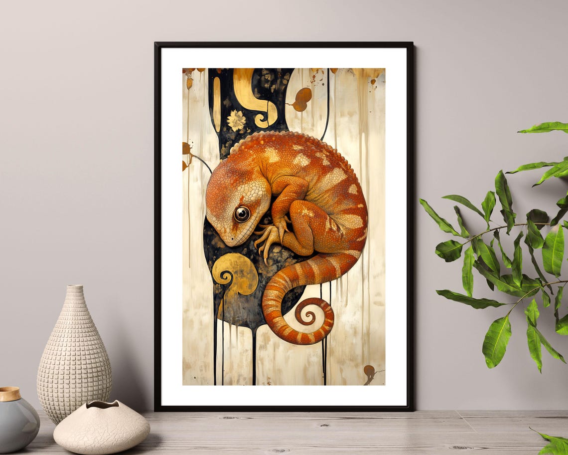 Orange Gecko Lizard Curled Abstract Boho Wildlife Art Poster Print - Image 3