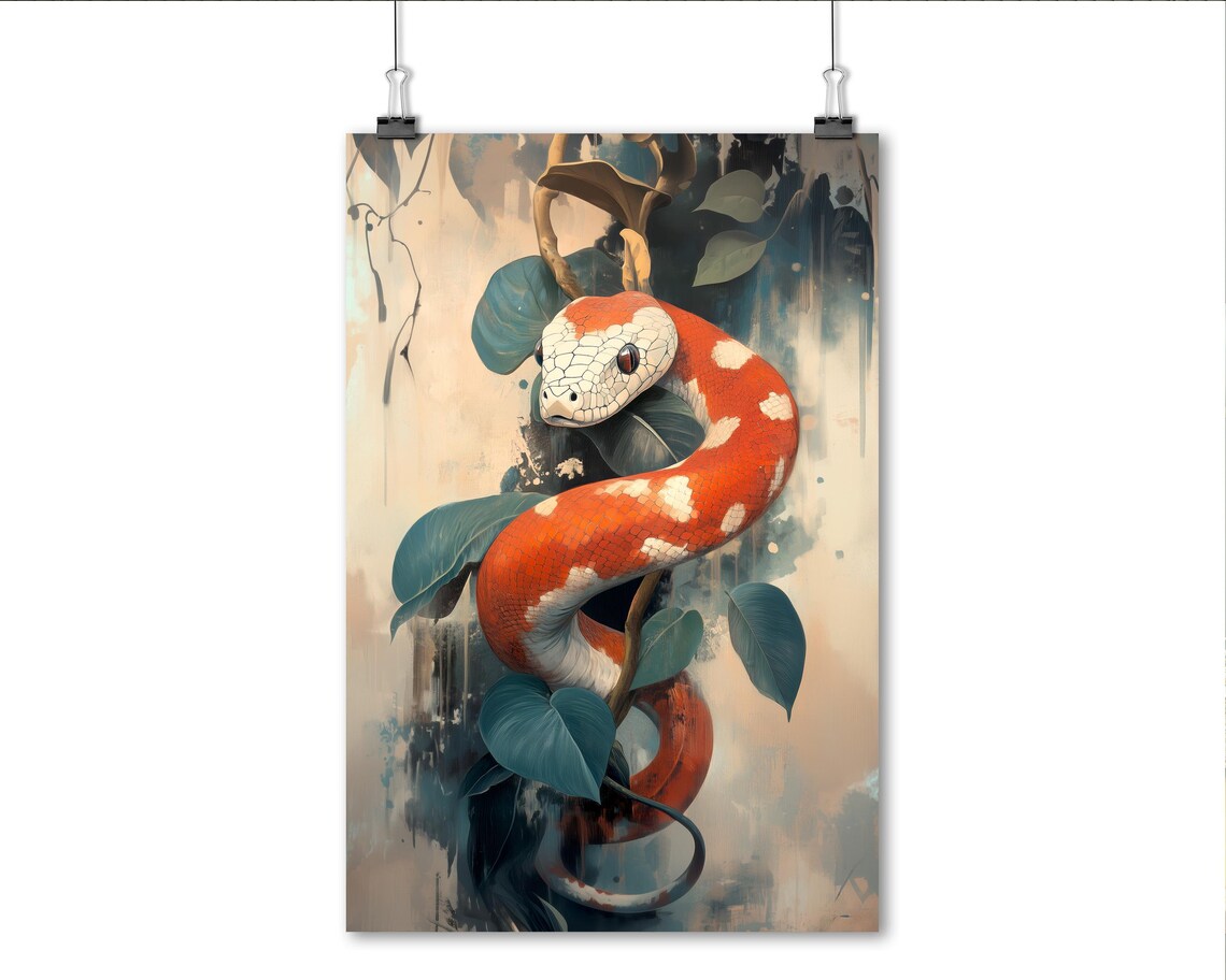 Red Orange Snake Coiled In Leaves Tropical Reptile Art Poster - Image 4